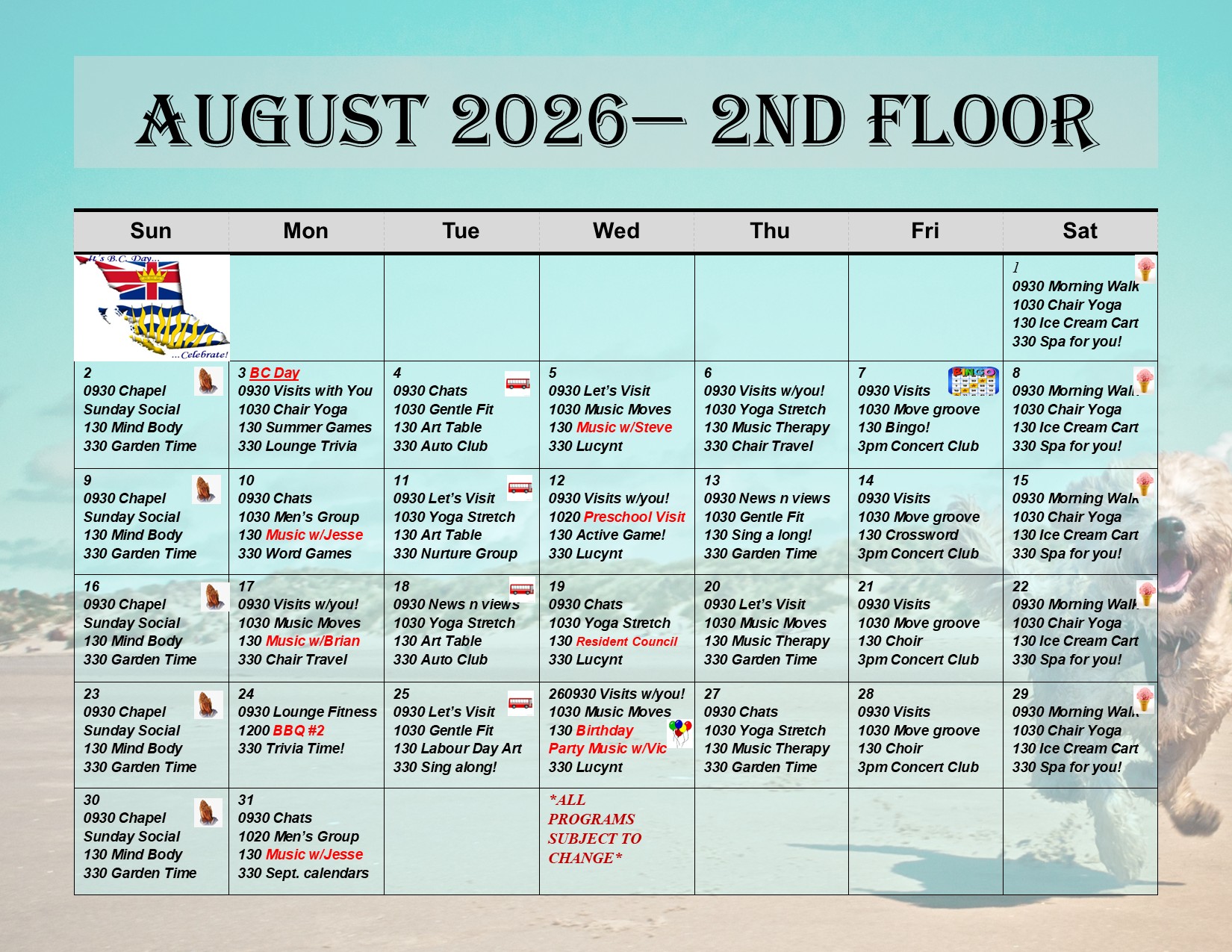 Activities August 2026 Sunset Lodge