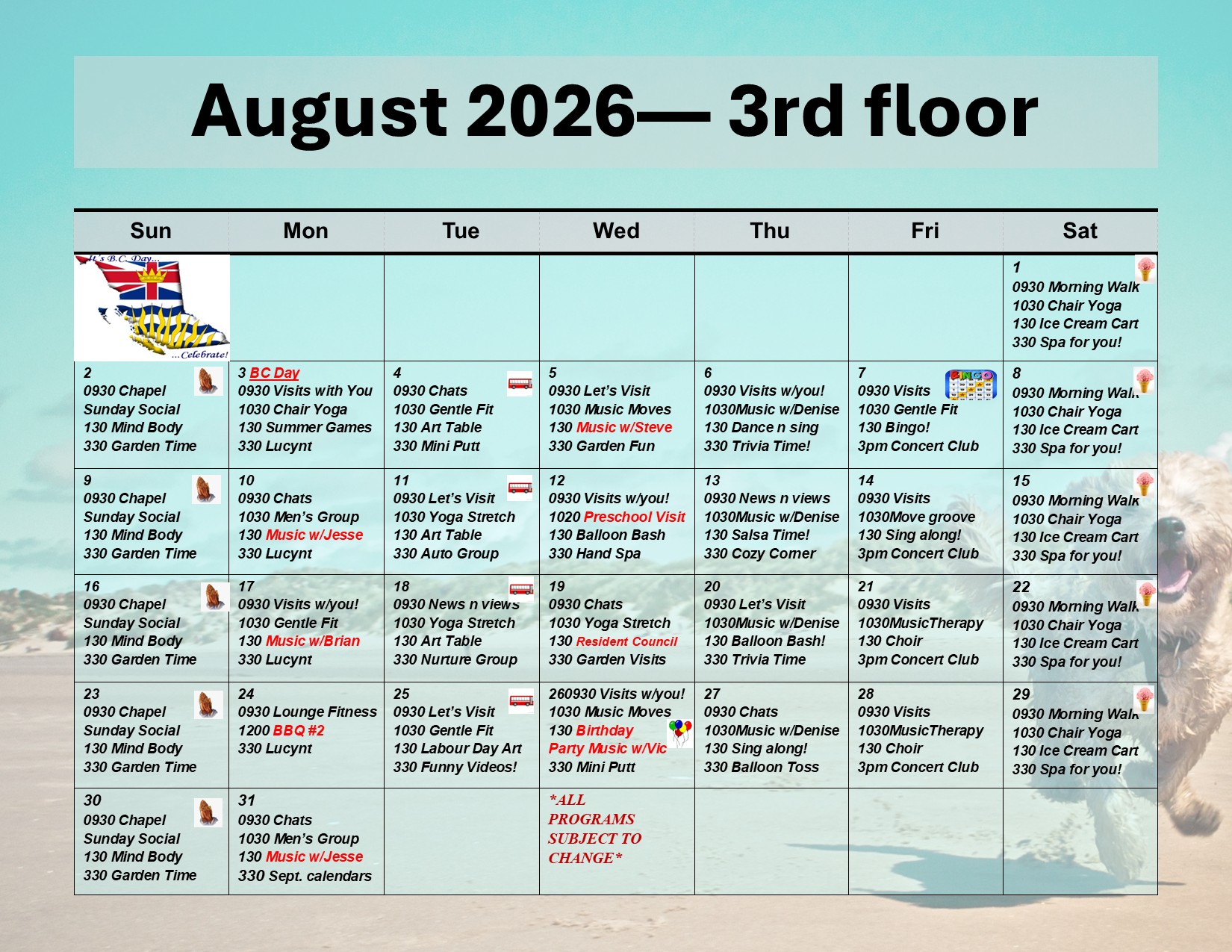 Activities, August 2026 Sunset Lodge
