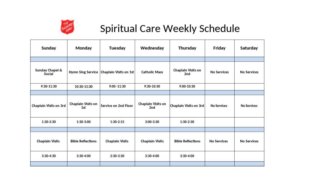 The Salvation Army Sunset Lodge Spiritual Care Schedule